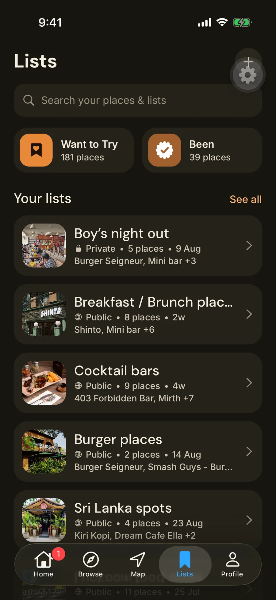 Savor Lists with Want to Try, Been and shared lists like Cocktail bars