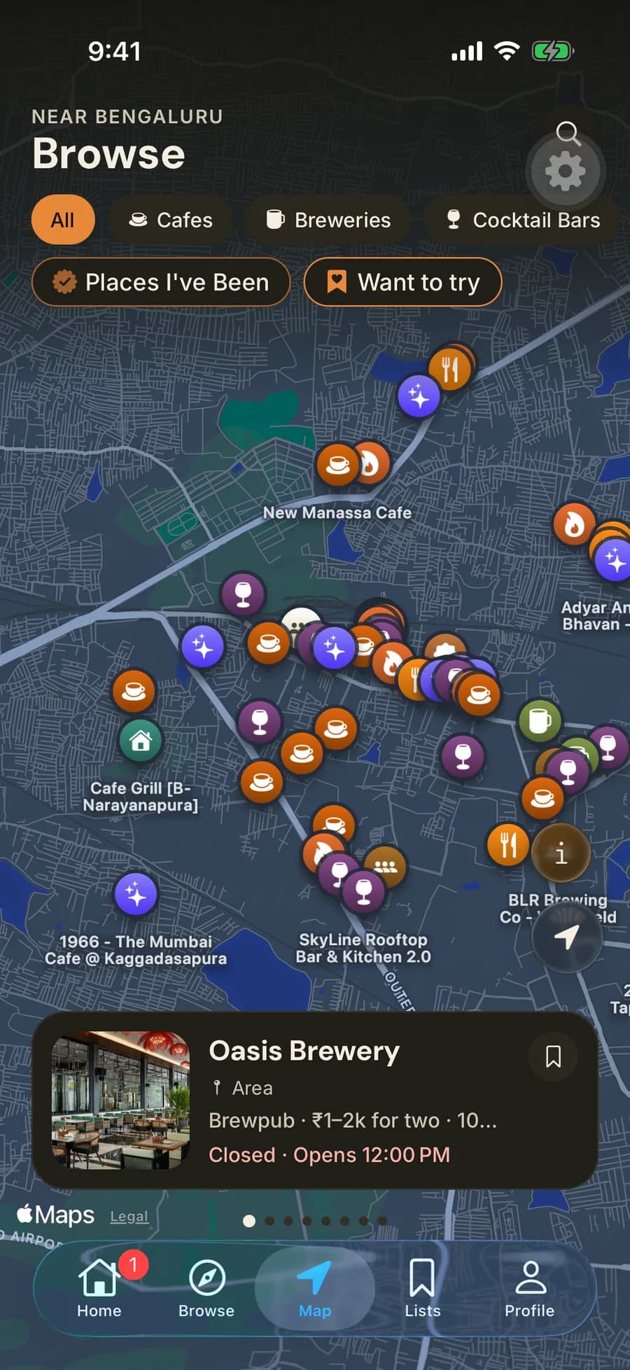 Savor Map tab of Bengaluru with cafes, bars and restaurants pinned